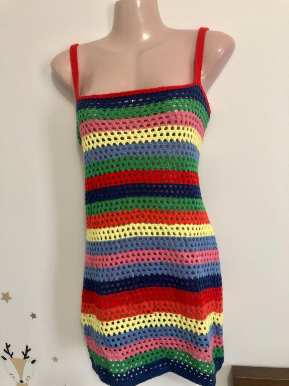 Boho Crochet Mini Dress Cover-Up Beach Size L Stripes Shein Colorful Summer - Picture 2 of 15